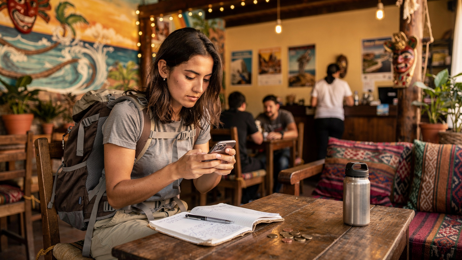 A backpacker in a bustling hostel common room in Lima's Barranco district, meticulously tracking expenses in a small notebook and on her phone, with other travelers in the background.