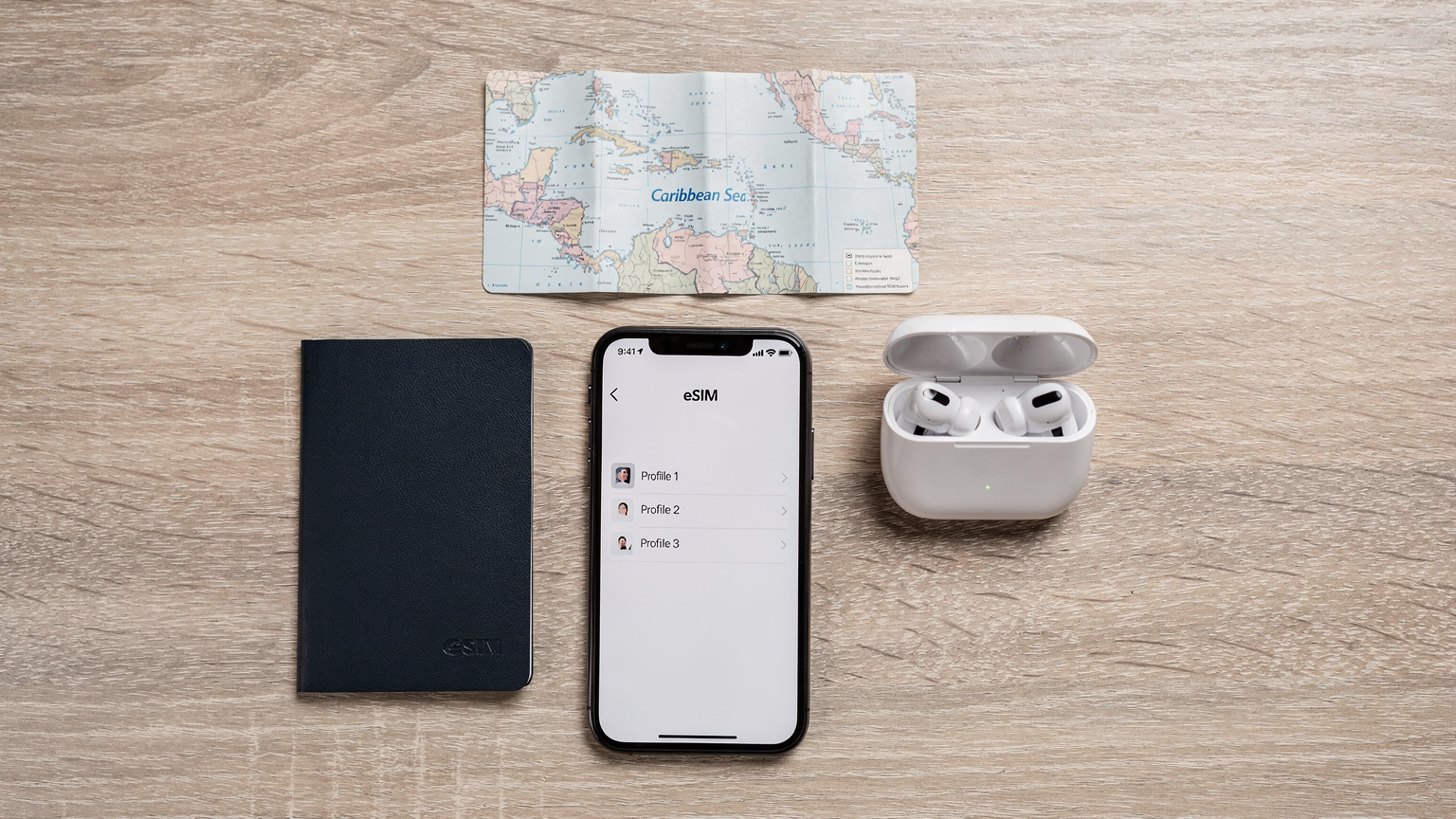 Una vista aérea de un pasaporte, un smartphone mostrando la configuración de eSIM con varios perfiles, unos auriculares y un pequeño mapa impreso del Caribe sobre una superficie de madera clara.