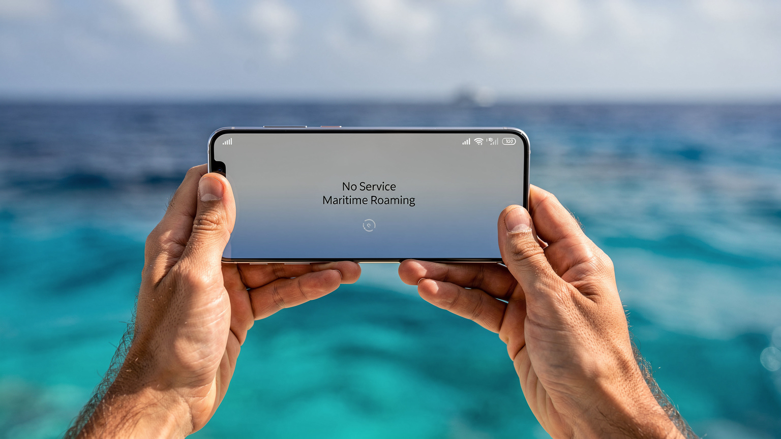 Manos de una persona joven sosteniendo un smartphone, mostrando la pantalla con un mensaje de "Sin Servicio" o "Roaming Marítimo" y el icono de señal débil, con el fondo desenfocado de las olas del océano azul bajo un cielo brillante.