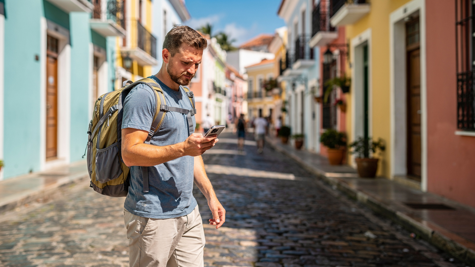 Un mochilero con una mochila ligera y un smartphone en la mano, explorando las calles adoquinadas y coloridas de Old San Juan, Puerto Rico, con edificios coloniales y banderas ondeando.