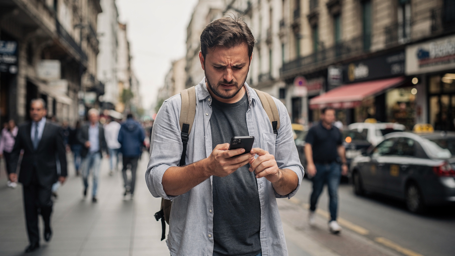 Un nómada digital frustrado mira su teléfono con poca señal en una zona concurrida del centro de Buenos Aires, reflejando problemas de conectividad en momentos críticos.