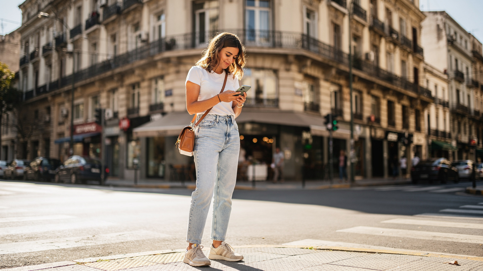 Una mujer joven utiliza su teléfono con una eSIM activa para navegar por un mapa digital de Buenos Aires, parada en una esquina con arquitectura histórica al fondo.