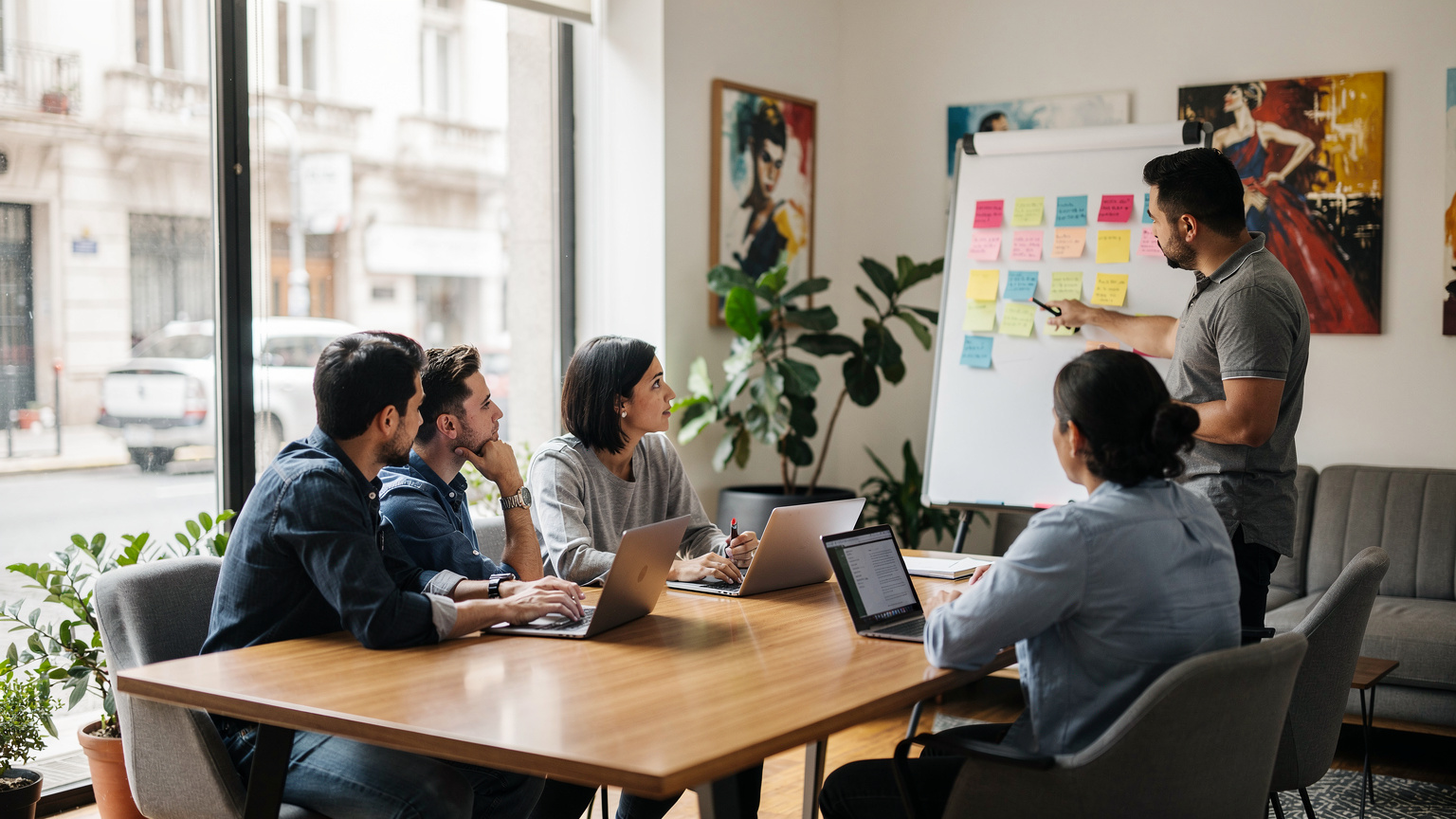 Un grupo diverso de nómadas digitales interactúa y colabora en un moderno espacio de coworking en el barrio de Palermo, Buenos Aires, con computadoras y pizarras.