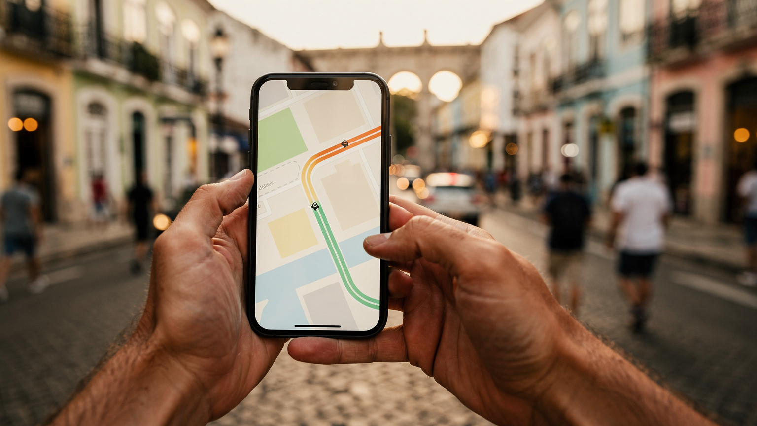 Manos de un viajero sosteniendo un smartphone, mostrando la interfaz de una aplicación de transporte como Uber o 99, con el fondo desenfocado de una calle concurrida en el barrio de Lapa, Río de Janeiro, al atardecer.