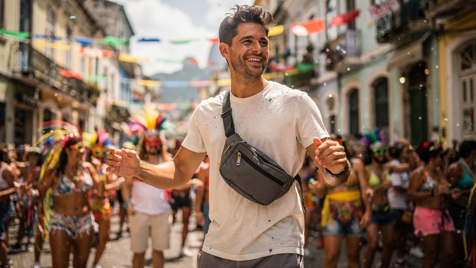 Un viajero con una riñonera cruzada sobre el pecho, sonriendo mientras baila en medio de un animado bloco callejero del Carnaval de Río, con coloridas decoraciones y música de fondo.