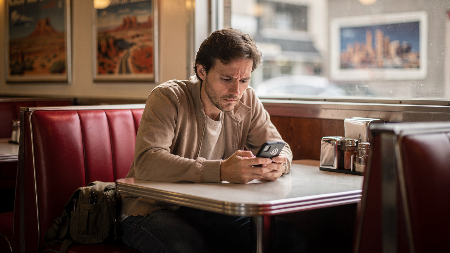 A traveler looking visibly frustrated at their smartphone screen, which displays a 'No Service' message, while sitting at a table in a vintage American roadside diner. Old-fashioned travel posters adorn the walls in the background.