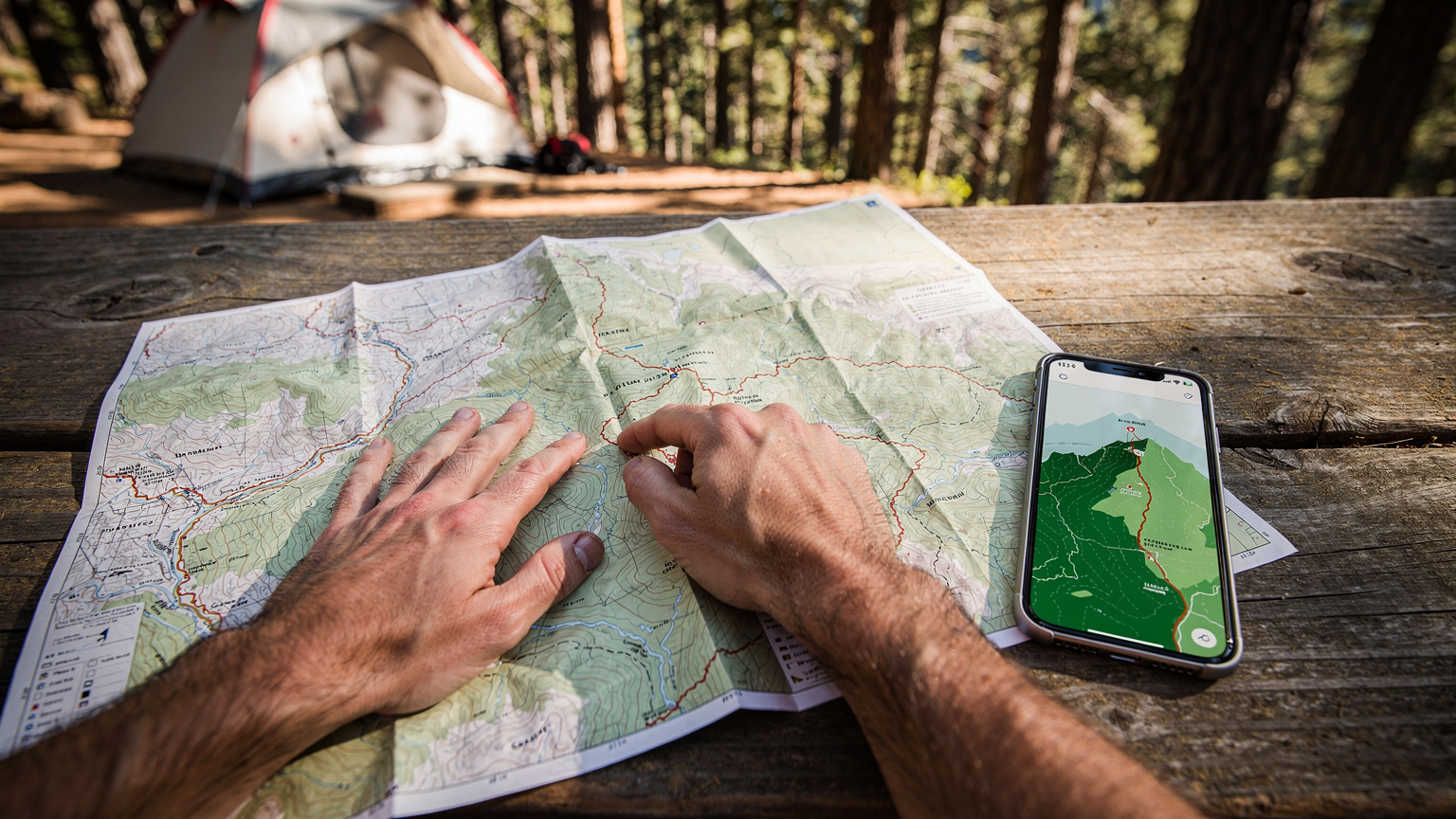 A traveler's hands pointing at a large, folded paper map spread across a rustic picnic table in a national park. A smartphone lies next to it, showing a downloaded offline map on its screen. Tents and pine trees are visible in the background of a campground.