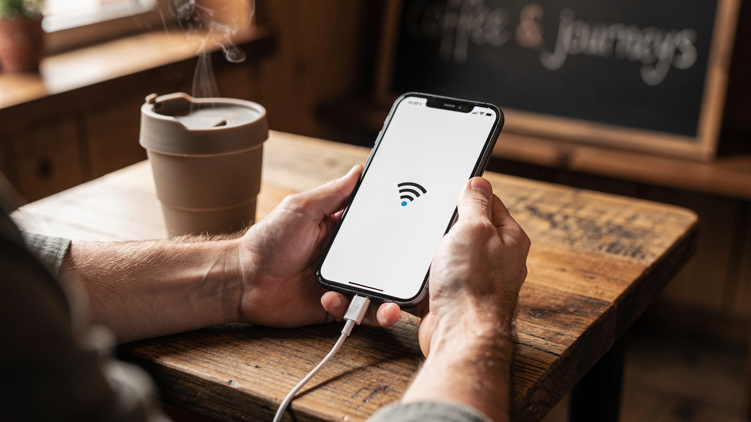 A traveler's hands holding a smartphone, plugged into a charging cable, resting on a rustic wooden table inside a cozy coffee shop. A Wi-Fi symbol is visible on the phone screen, and a steaming travel mug sits next to it.