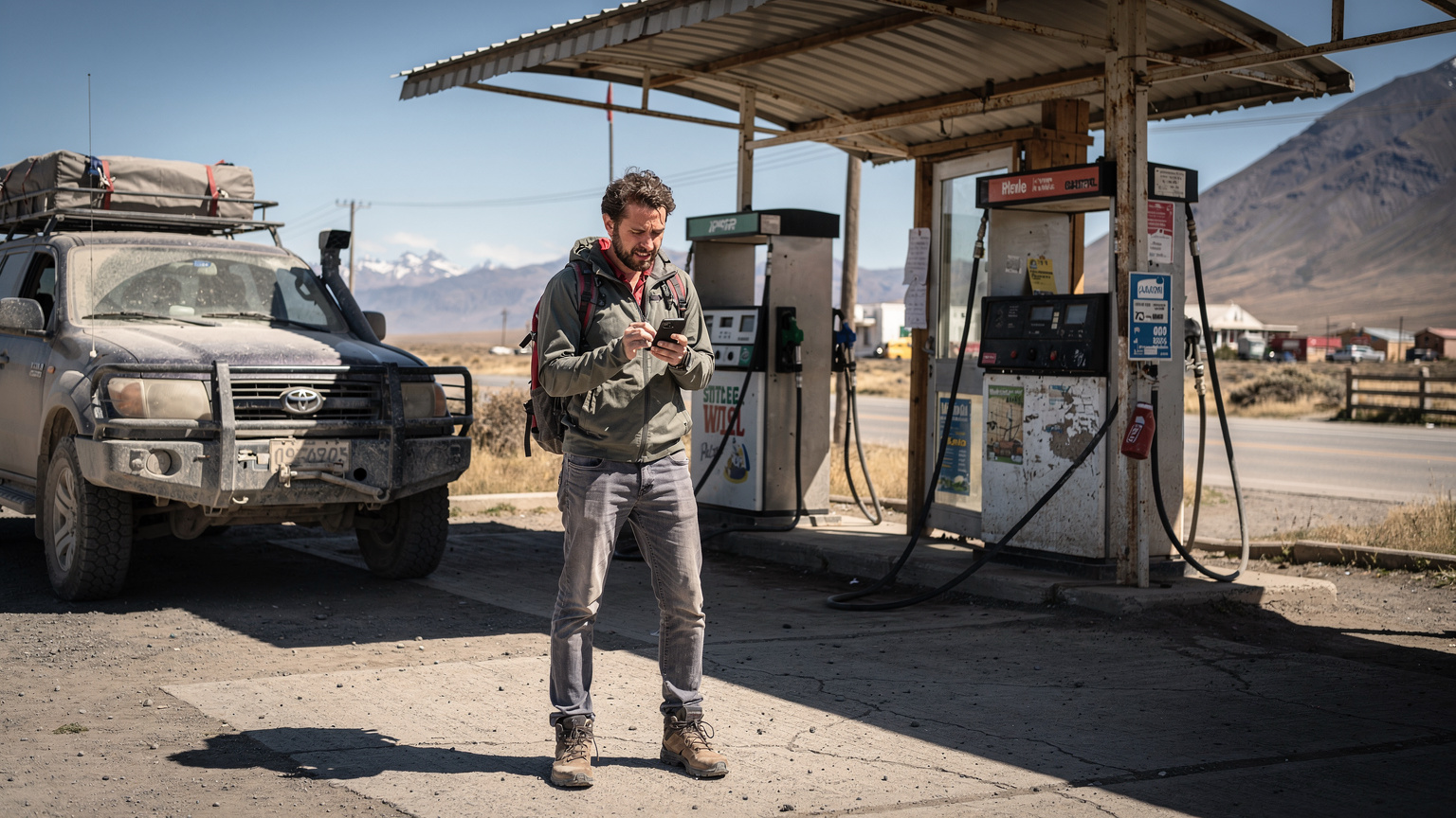 A digital nomad at a gas station in a remote Patagonian town, looking at their phone with a slight frown, indicating a connectivity issue.