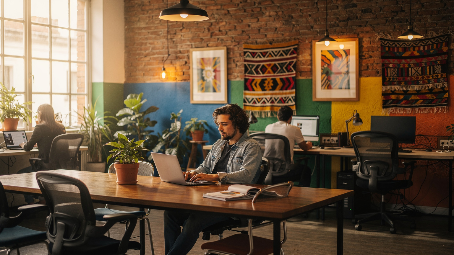 An inviting, rustic co-working space in a South American city, featuring local art and good natural light, a person working on a laptop.