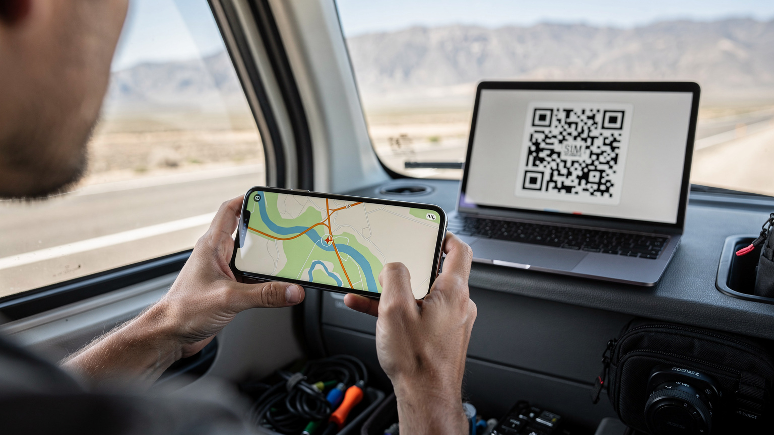 A digital nomad studying a map on their phone, an eSIM QR code visible on a secondary screen, ready for activation.