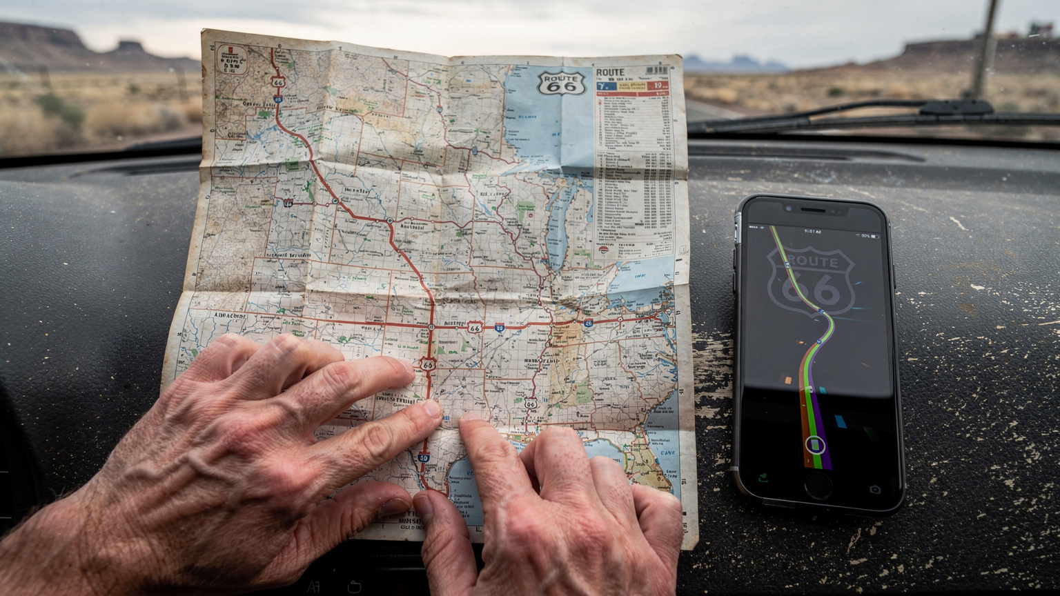Manos de un viajero sosteniendo un mapa de carretera físico desplegado de la Ruta 66, mientras un smartphone cercano muestra una aplicación de navegación con una ruta activa, mezclando lo tradicional y lo moderno.