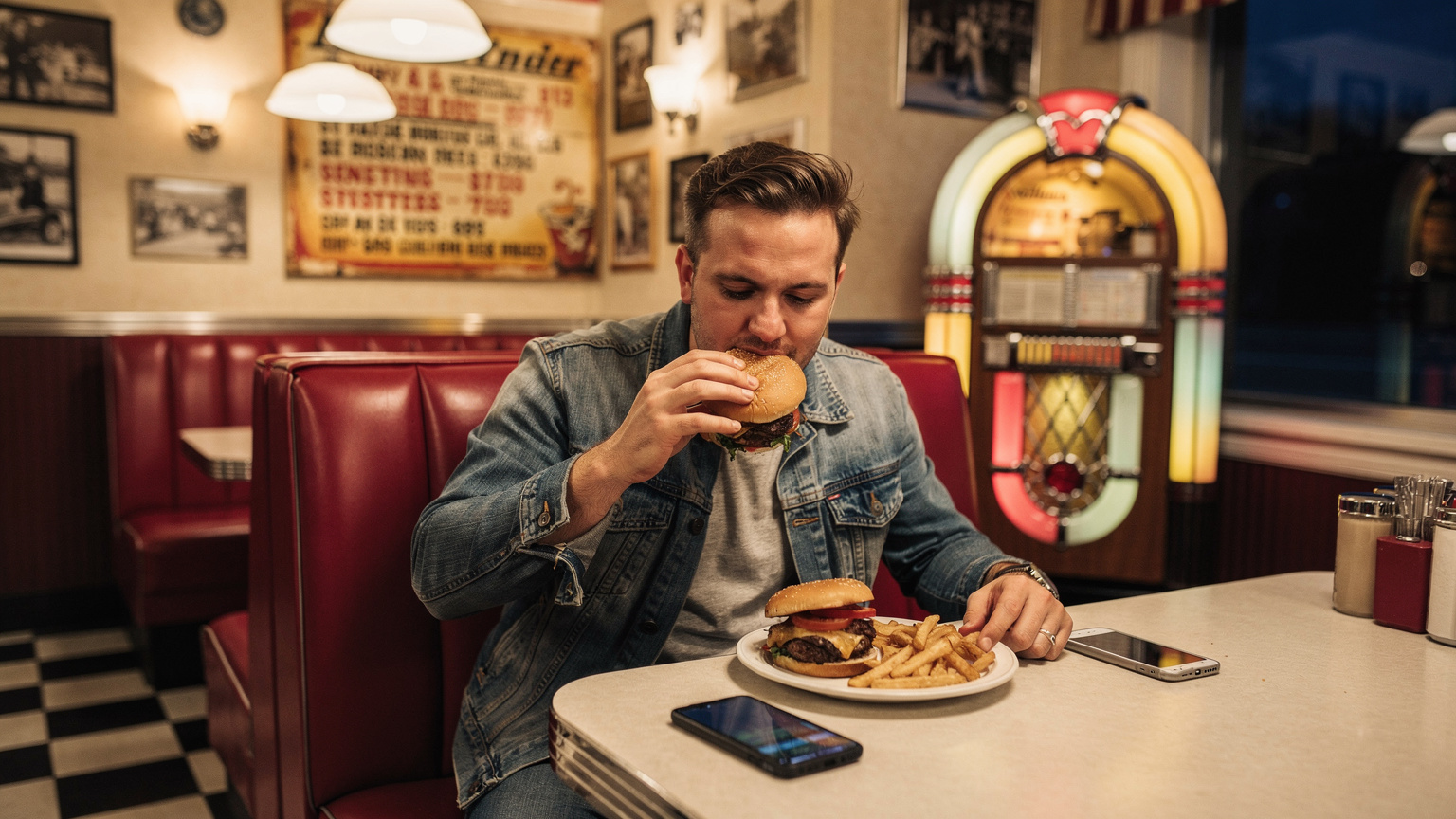 Un viajero disfrutando de una hamburguesa clásica en un diner de la Ruta 66, mientras discretamente consulta su smartphone que está sobre la mesa, con el menú vintage del restaurante de fondo.
