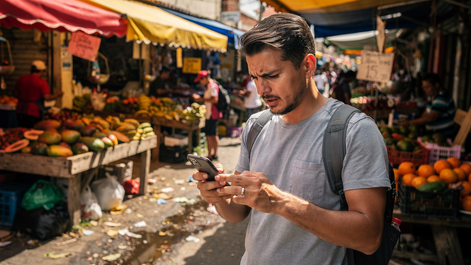 A concerned traveler at a bustling Barranquilla street market, looking intently at their smartphone, trying to troubleshoot a connectivity issue.