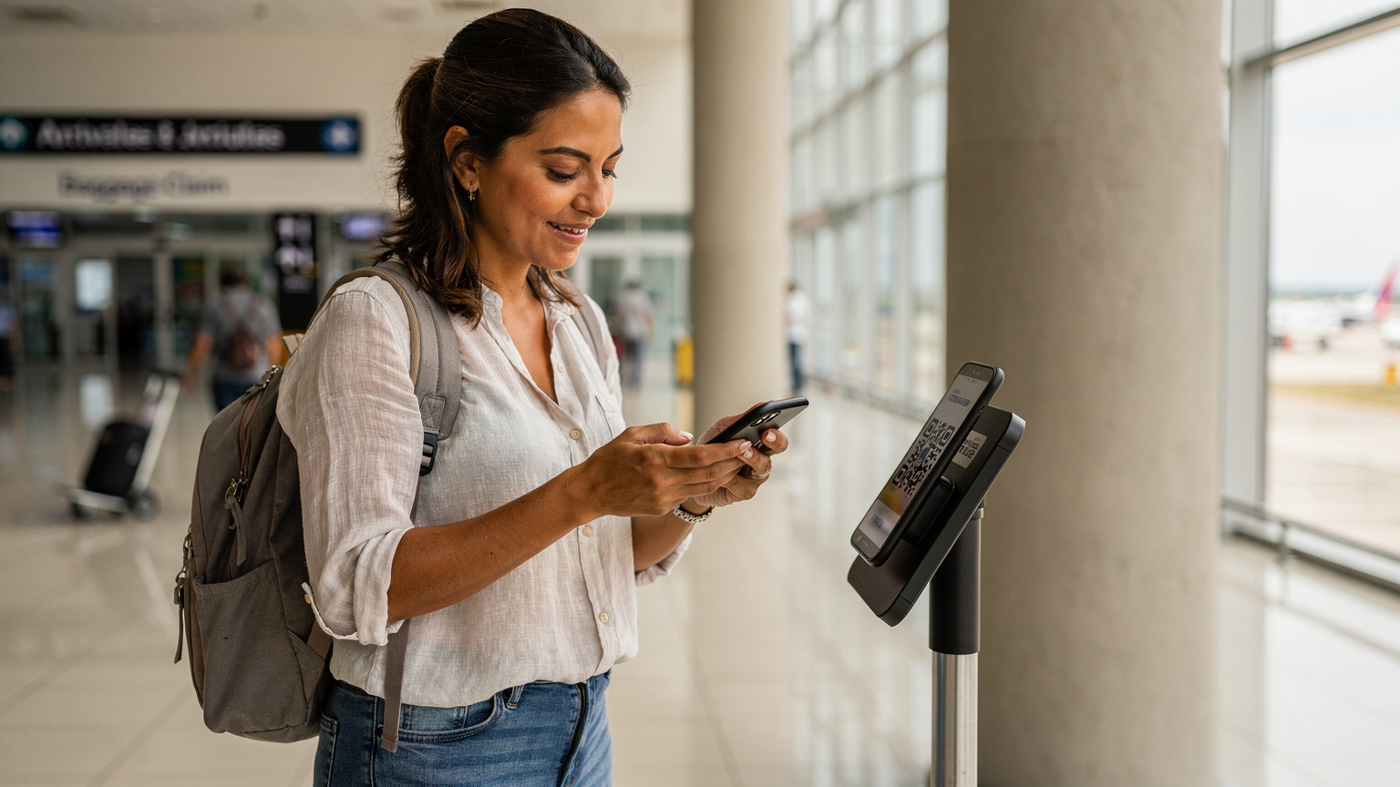 A traveler at Barranquilla's Ernesto Cortissoz International Airport, smiling as they effortlessly set up their eSIM on a smartphone.
