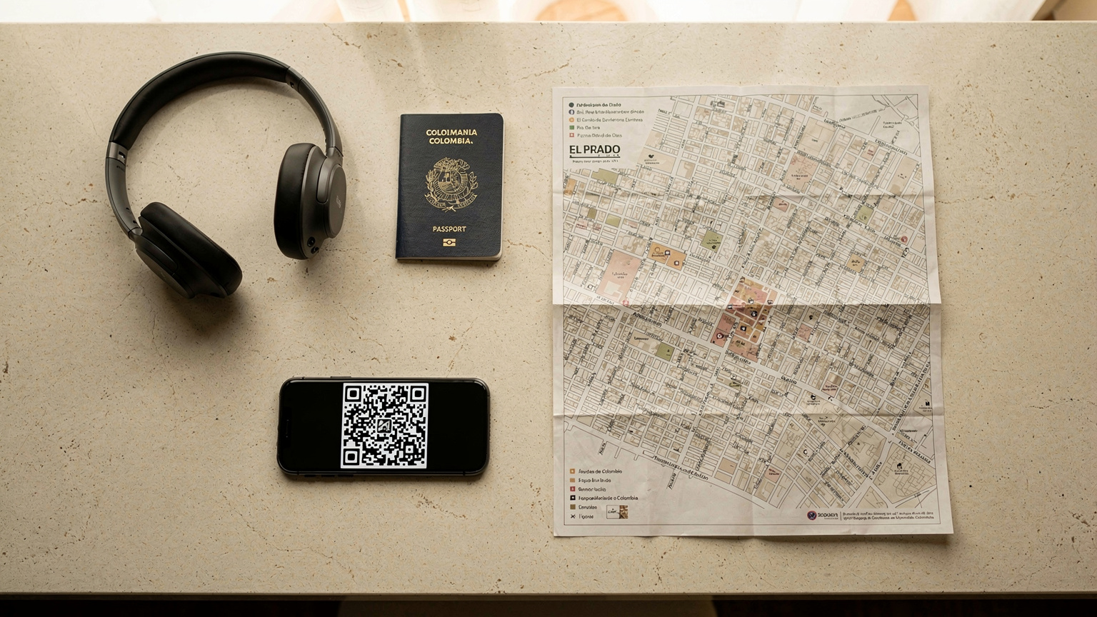 An editorial flat-lay of travel essentials: a Colombian passport, a smartphone with an eSIM QR code on screen, noise-canceling headphones, and a detailed map of Barranquilla's El Prado neighborhood.