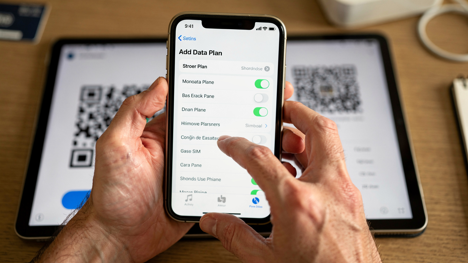 Manos de un viajero sosteniendo un smartphone, mostrando la pantalla de configuración de iOS para añadir un plan de datos, con un código QR borroso en el fondo de una tablet.