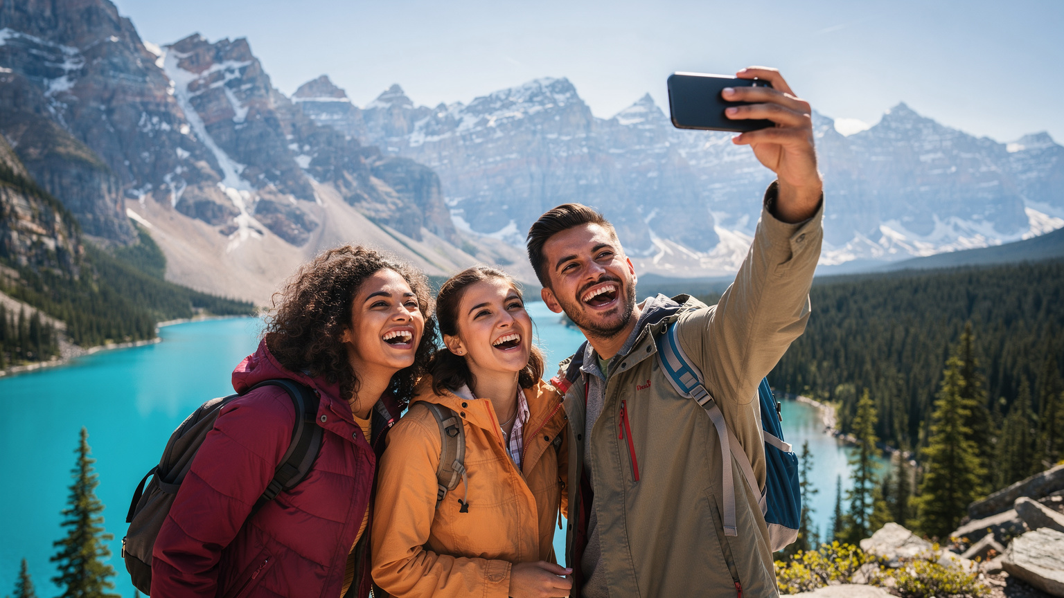 Un grupo de amigos se toma un selfie con el impresionante paisaje montañoso del Parque Nacional Banff de fondo, capturando un momento de aventura y conexión.