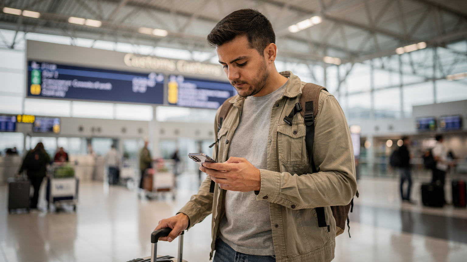 Un viajero consulta su teléfono inteligente en el Aeropuerto Internacional de Vancouver, buscando las instrucciones para activar su eSIM antes de pasar por aduanas.