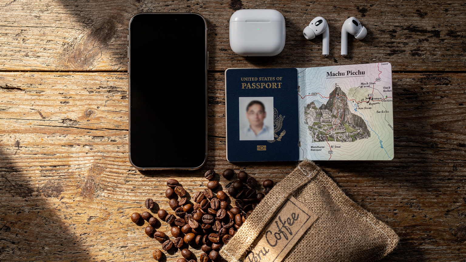 A close-up, editorial overhead flat-lay shot featuring an iPhone 17, an open US passport, a pair of wireless earbuds, a small map section of Machu Picchu, and a small bag of Peruvian coffee beans, all neatly arranged on a rustic wooden table.