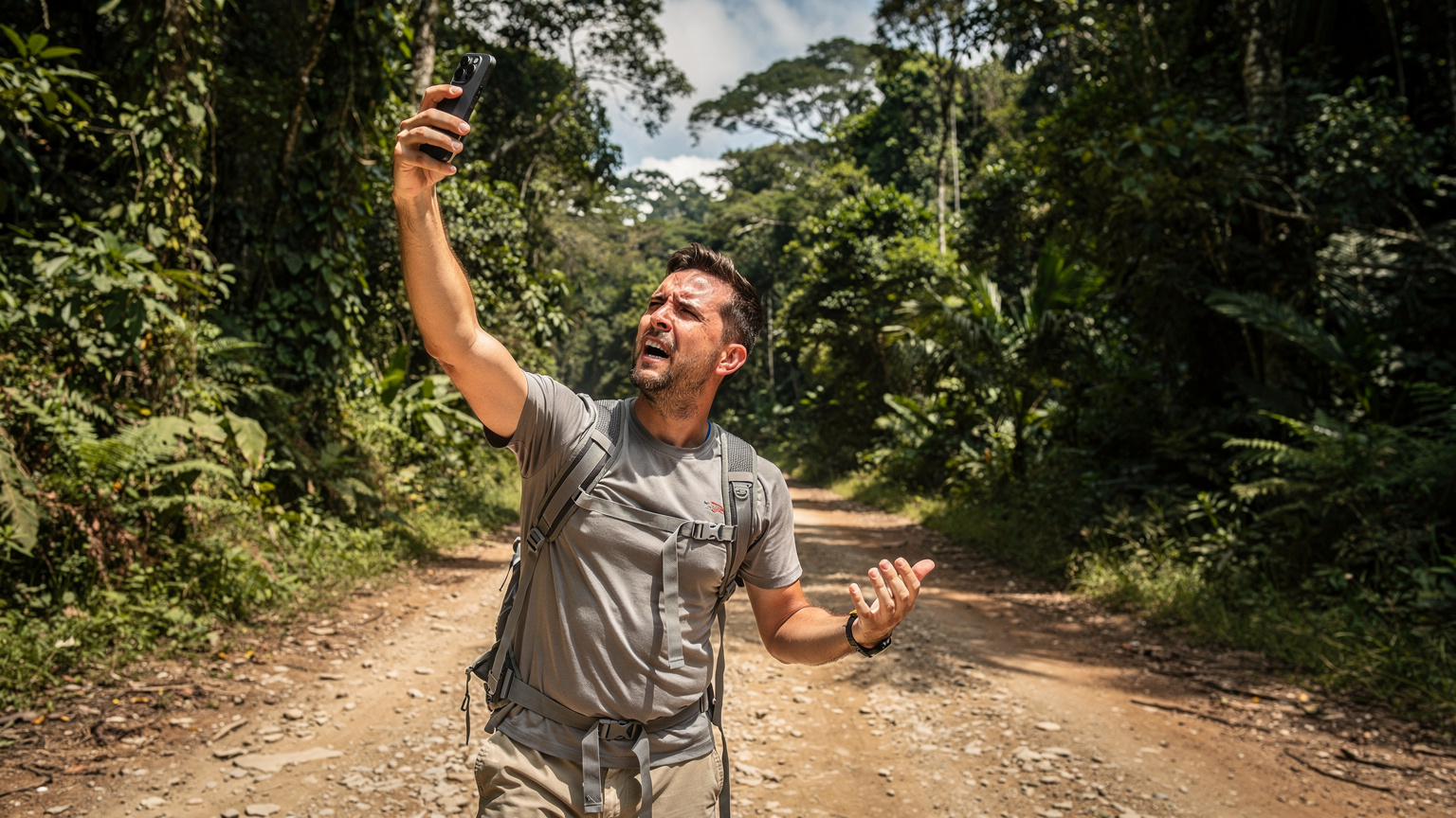 A frustrated traveler, a man in his 30s, holds his iPhone 17 up, trying to catch a signal, while standing on a less-traveled, dusty road in the remote Osa Peninsula of Costa Rica. The lush, dense jungle surrounds him, emphasizing his isolation.
