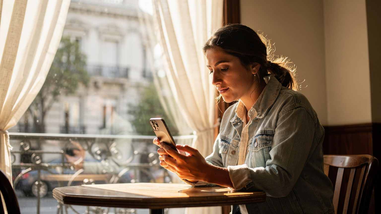 A traveler in her late 20s, with a thoughtful expression, holds her new iPhone 17, carefully reviewing the eSIM activation steps on the screen, while seated at a sunlit cafe in the Recoleta neighborhood of Buenos Aires.