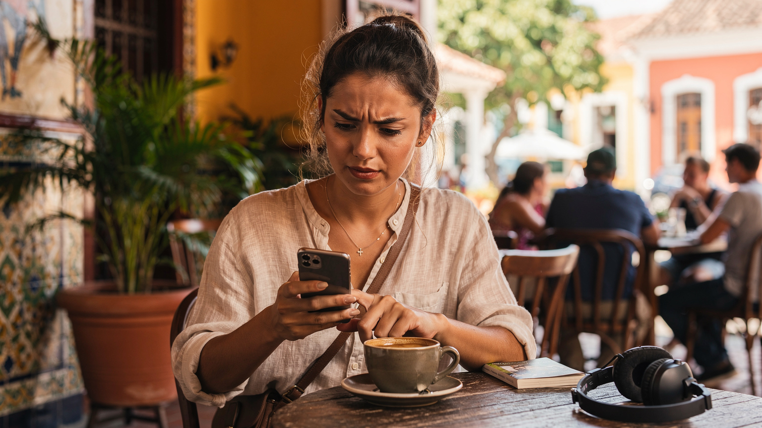 Un viajero, con expresión de leve frustración, intenta conectar su teléfono a una red Wi-Fi pública en un concurrido café de Cartagena, mostrando la necesidad de una conexión de datos fiable.