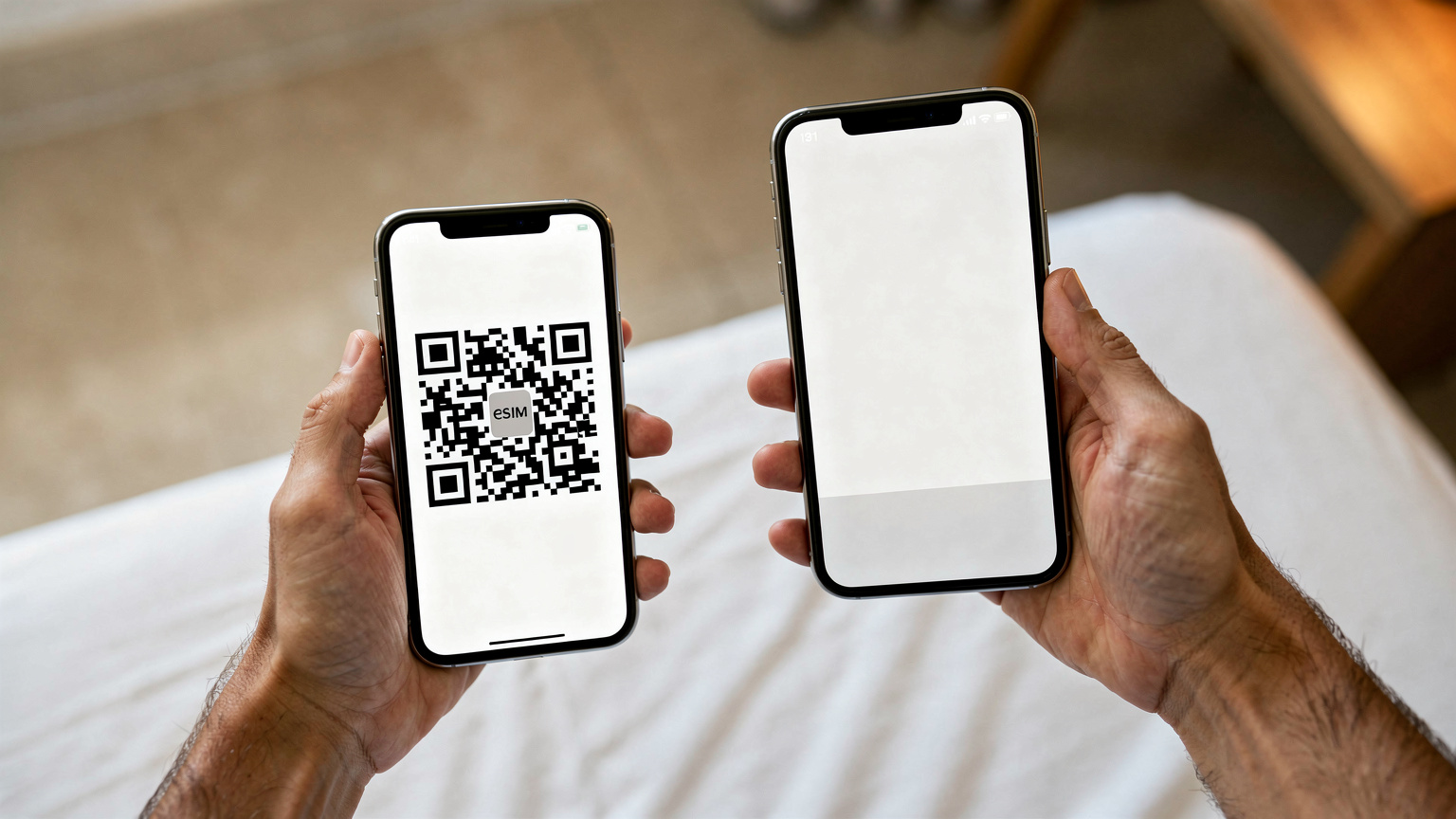 Manos de un viajero sosteniendo un teléfono con un código QR de eSIM en la pantalla, listo para ser escaneado por otro dispositivo, en el contexto de una habitación de hotel moderna en Cartagena.