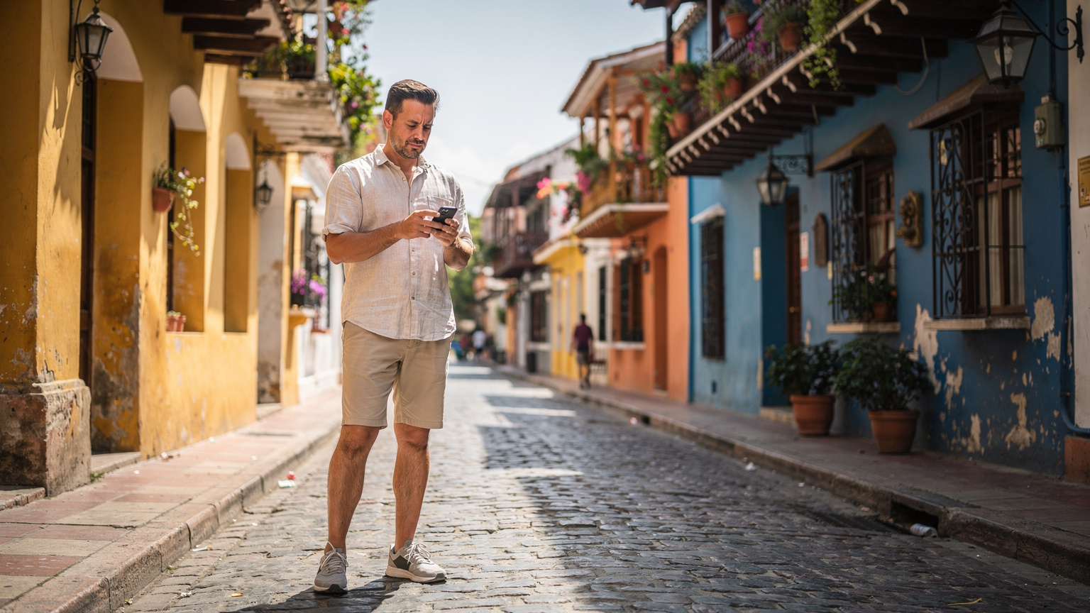 Un turista consulta su teléfono en una calle adoquinada de Cartagena, con la arquitectura colonial de fondo, buscando indicaciones para su próximo destino.
