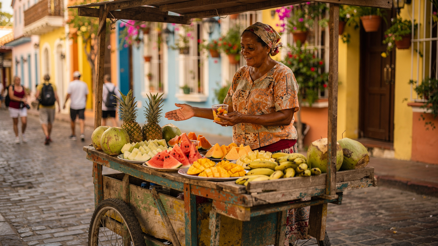 Una vendedora ambulante ofrece frutas tropicales frescas en un carrito colorido en una calle concurrida de Cartagena, mientras los turistas pasan.
