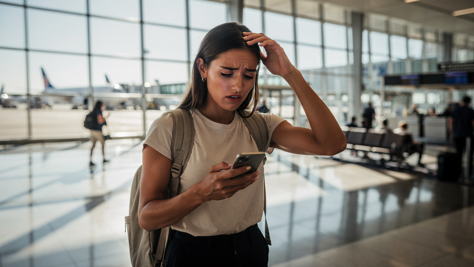 A traveler in a busy US airport, possibly JFK or LAX, looking concerned at her phone screen, indicating a potential connectivity issue or confusion with roaming charges.