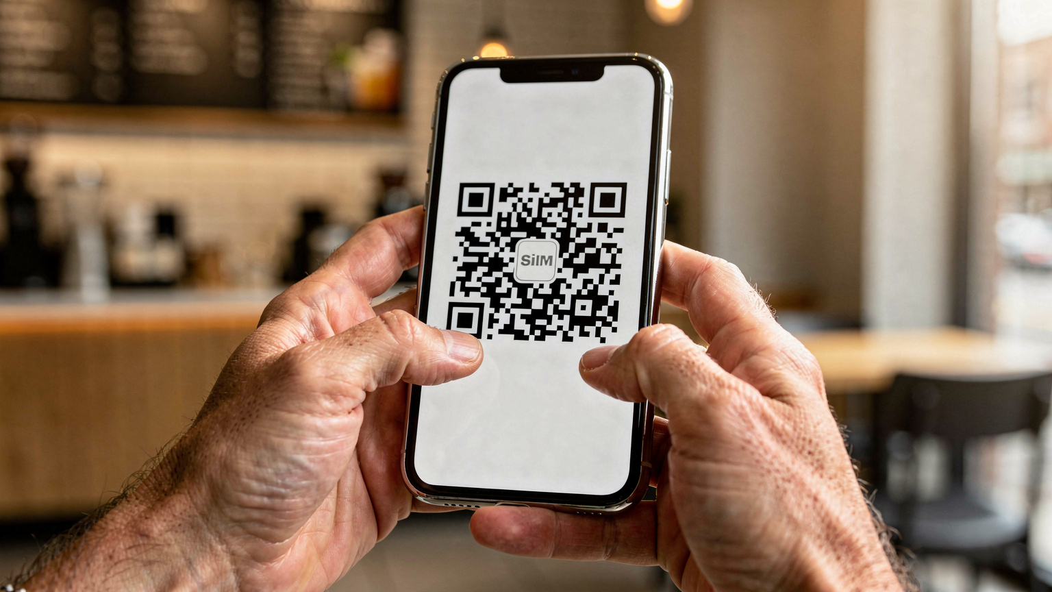 A close-up of a person's hands holding a smartphone, with a QR code clearly visible on the screen, ready for an eSIM activation scan, against a softly blurred background of a modern café interior.