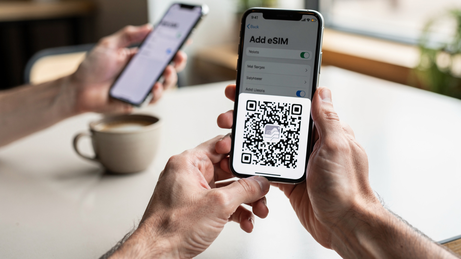 Hands holding a smartphone displaying a QR code, with another phone screen in the background showing eSIM activation settings, on a clean, modern cafe table.