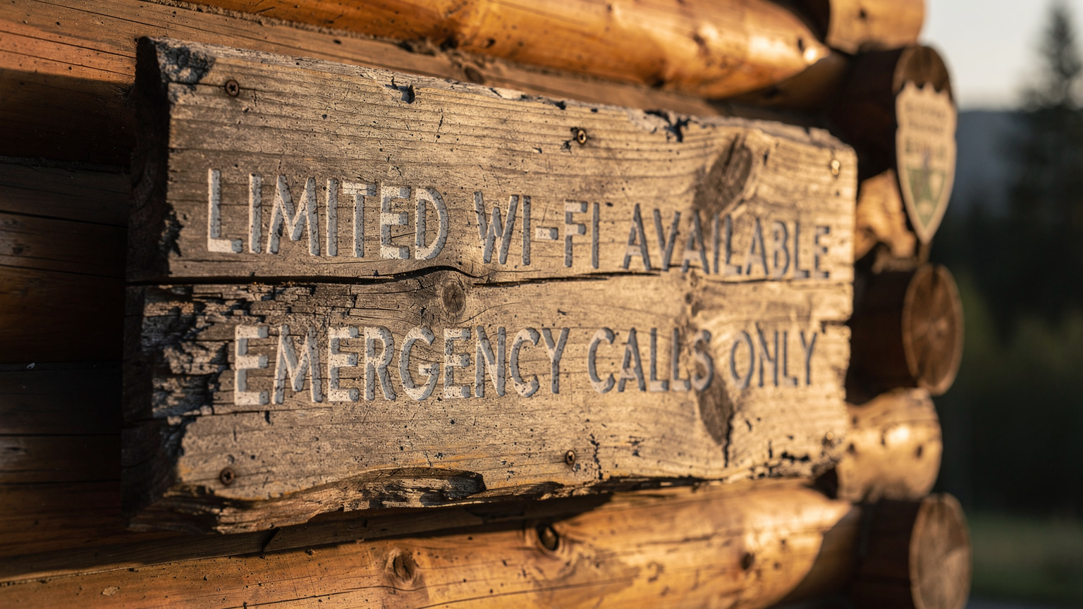 A close-up of a weathered wooden sign outside a national park ranger station, with text indicating 'Limited Wi-Fi Available' or 'Emergency Calls Only' in a rustic, hand-painted style.