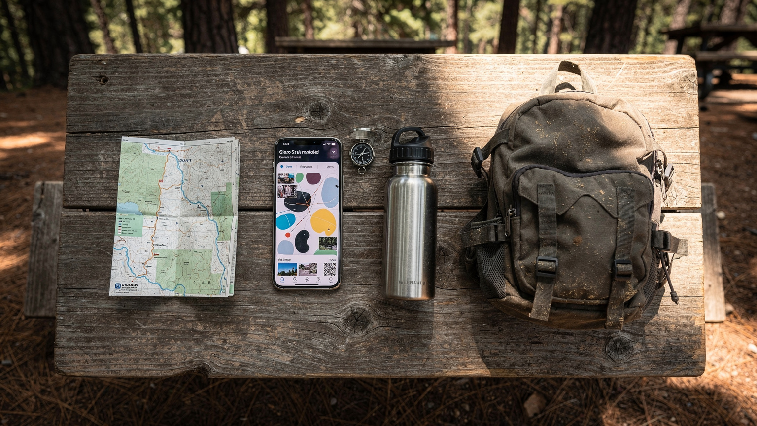 An overhead flat-lay of essential travel gear on a worn wooden picnic table: a smartphone with an offline map, a physical park map, a compass, a water bottle, and a small backpack.