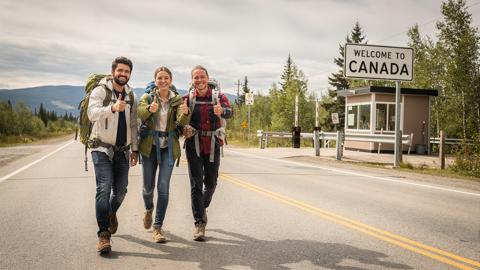 Un gruppo di giovani viaggiatori, con zaini leggeri, sorride e alza i pollici mentre attraversa a piedi il confine tra Stati Uniti e Canada, con un cartello "Welcome to Canada" sullo sfondo.