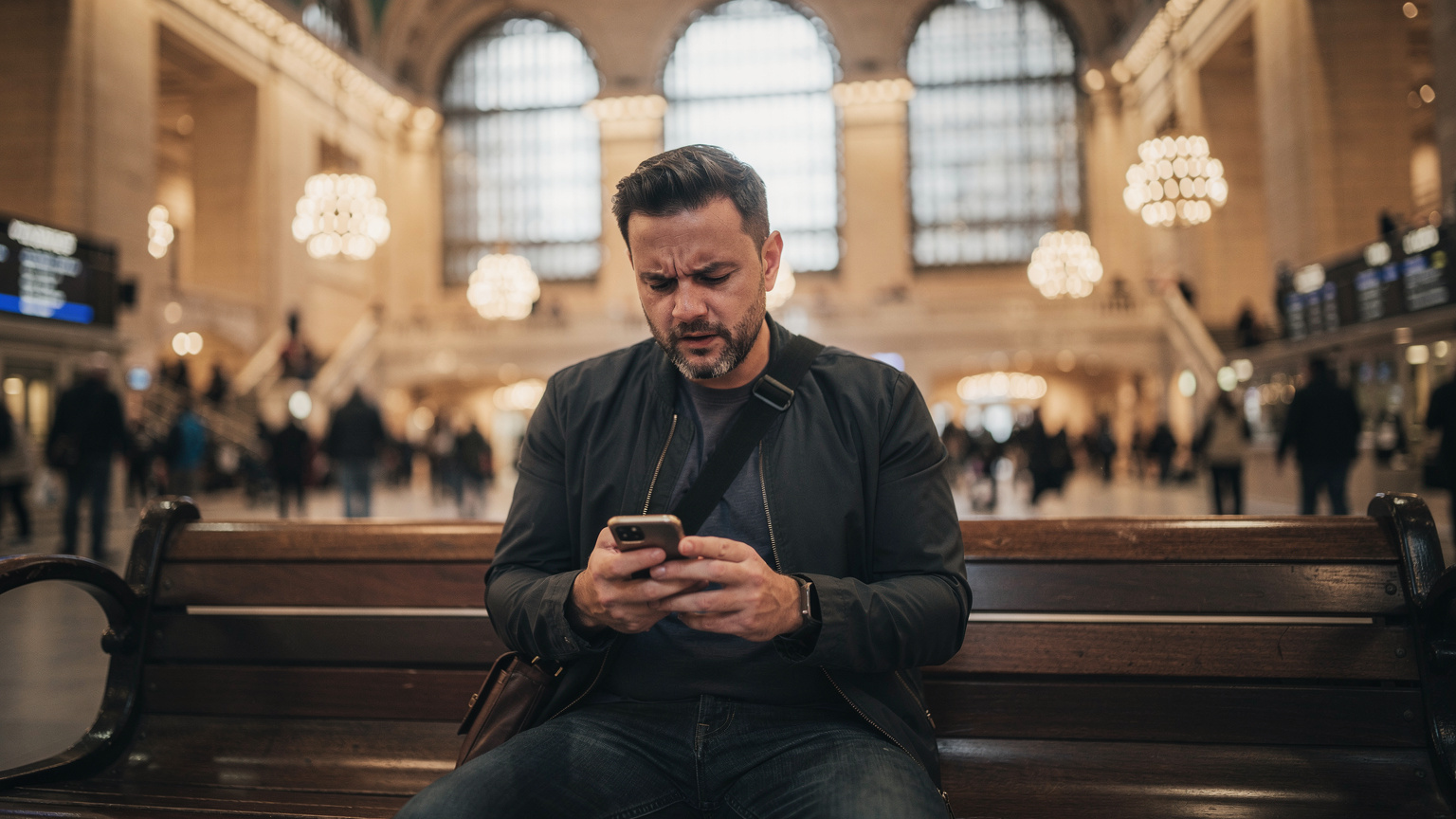 Un viaggiatore guarda con aria perplessa il suo smartphone, seduto su una panchina nell'affollata stazione della metropolitana di Grand Central a New York, con lo sfondo sfocato dei pendolari in movimento.