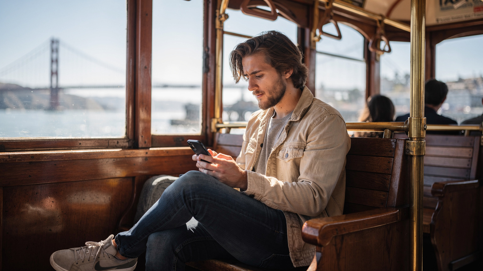 Un viaggiatore con uno smartphone aperto su una mappa consulta indicazioni, seduto su un sedile del tram storico a San Francisco, con il Golden Gate Bridge visibile in lontananza dal finestrino.