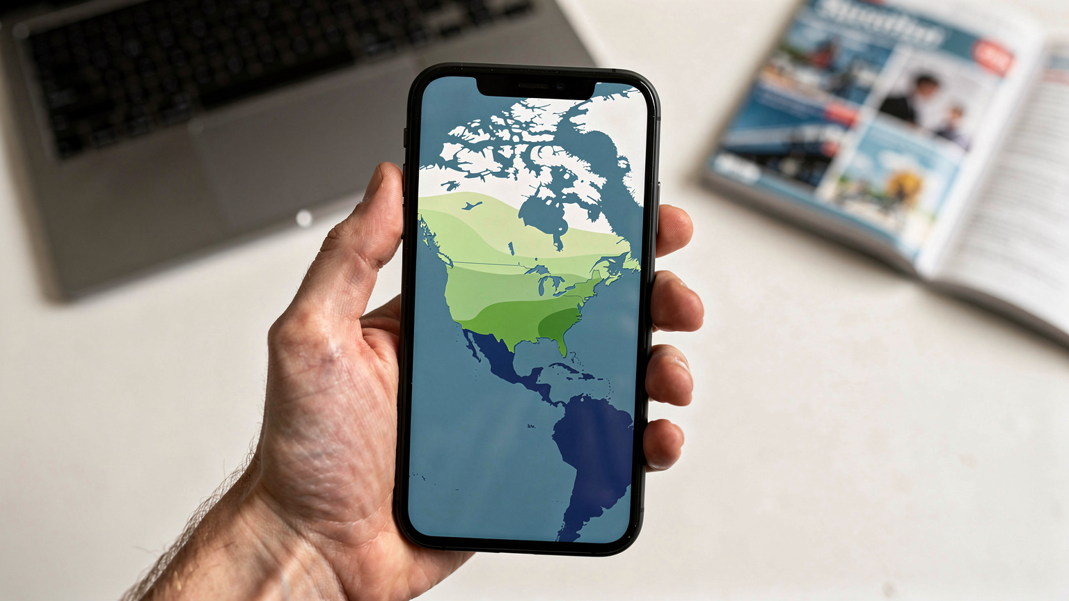 Una mano tiene uno smartphone che mostra un grafico di copertura di rete, con una mappa stilizzata del Nord America sullo sfondo, suggerendo la pianificazione di un viaggio multi-paese per i Mondiali.