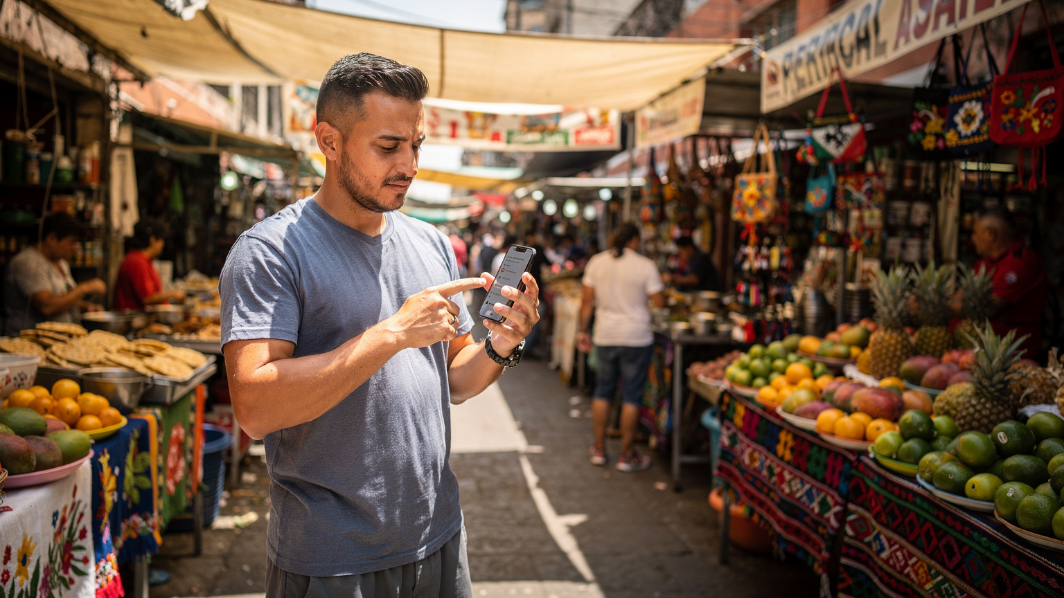 Un tifoso controlla la sua eSIM su un iPhone mentre si trova in un affollato mercato di Città del Messico, con venditori di cibo di strada e colori vivaci sullo sfondo.