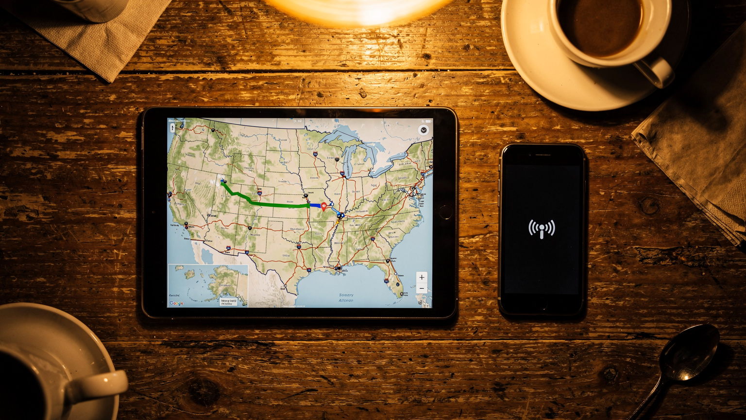 Eine detaillierte, farbige Straßenkarte der USA auf einem Tablet, die eine geplante Route von Kalifornien nach Arizona und Nevada zeigt. Daneben liegt ein Smartphone mit einem aktiven Netzsignal-Icon.