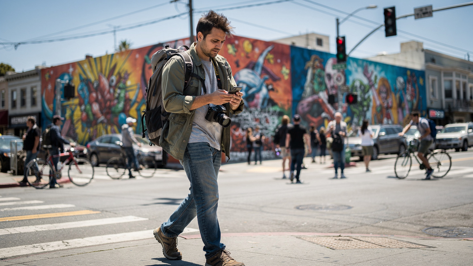 Ein Reisender mit Rucksack und einer Kamera um den Hals geht durch eine belebte Straße in San Francisco, hält sein Smartphone vor sich und blickt darauf, als würde er eine Karte prüfen oder Nachrichten lesen.