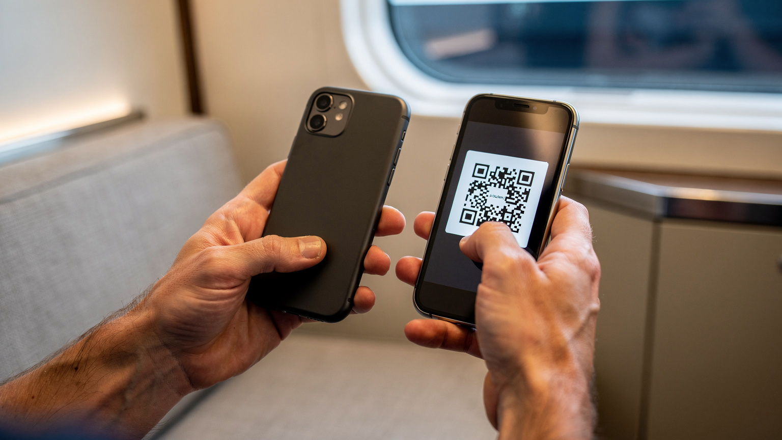 Deux mains tenant un smartphone, pointant l'appareil photo vers un QR code affiché sur l'écran d'un autre smartphone. La scène se déroule dans un espace lumineux et moderne, comme un salon de navire de croisière ou une cabine bien éclairée, suggérant une activation facile de l'eSIM.