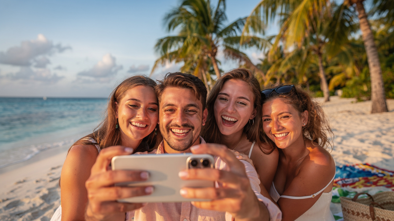 Un groupe d'amis souriants prenant un selfie avec un smartphone devant une plage idyllique des Caraïbes, mer turquoise et palmiers en arrière-plan. L'écran du téléphone montre un aperçu de la photo réussie, symbolisant une connexion sans effort.