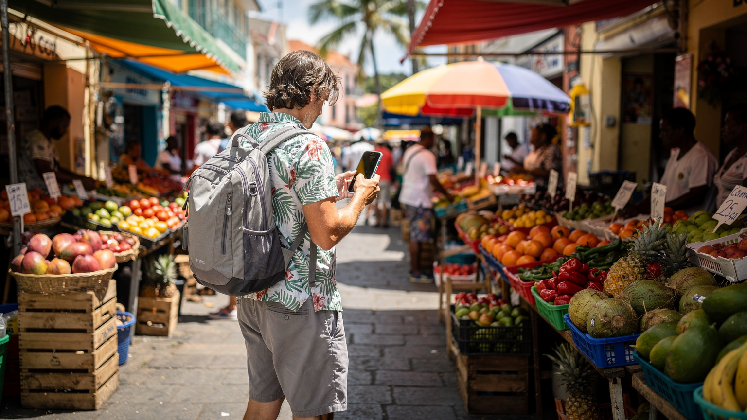 Un voyageur, vu de dos, dans un marché animé de Fort-de-France, Martinique, utilisant son smartphone pour consulter une carte ou une application. Autour de lui, des étals colorés de fruits exotiques et des habitants vaquant à leurs occupations sous un soleil éclatant.
