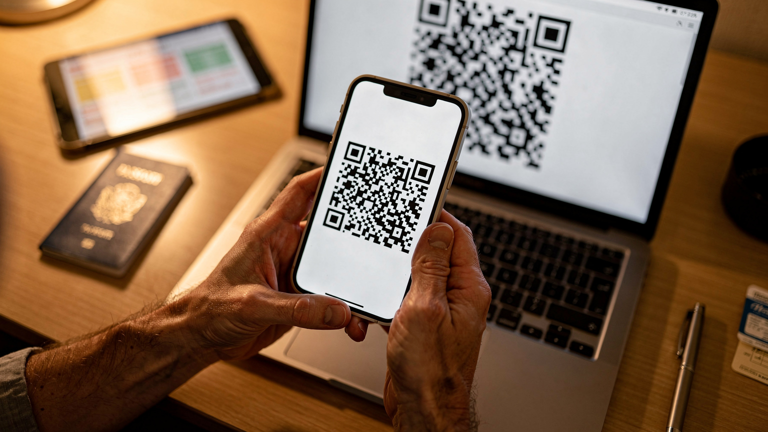 Close-up of a parent's hands holding an iPhone, carefully scanning a QR code displayed on a laptop screen for eSIM activation, with a blurred background showing a multi-device travel setup.