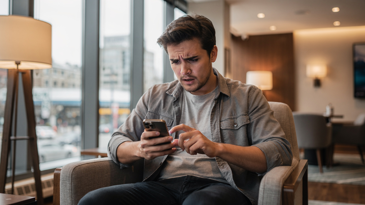 A young traveler, looking slightly frustrated, sitting in a modern hotel lobby near Vancouver's Waterfront Station, holding their smartphone and trying to troubleshoot a connectivity issue.