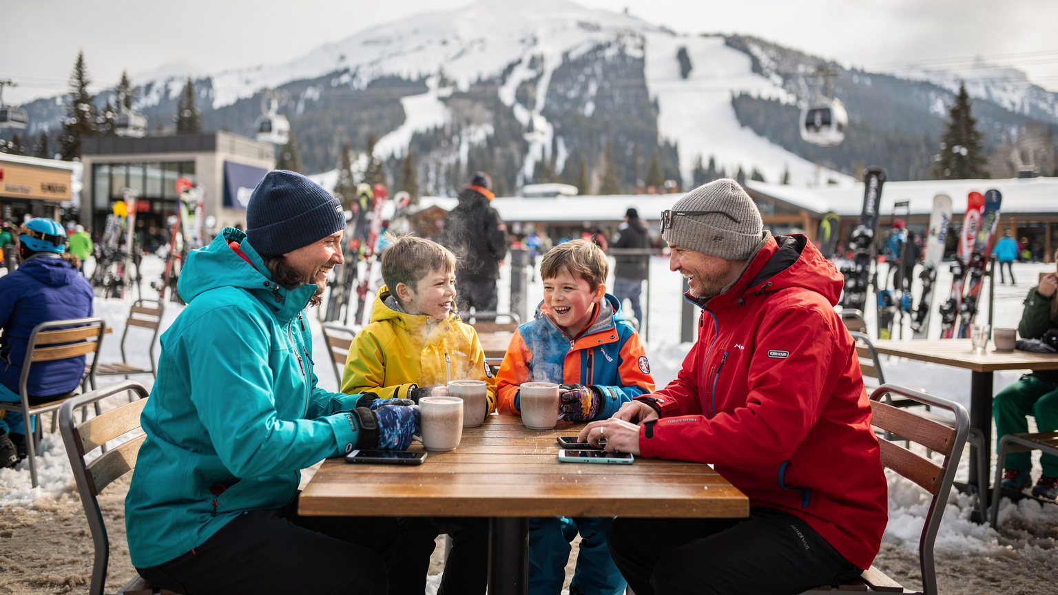 A family of four, bundled in ski jackets, laughing together over hot chocolates on a snowy outdoor patio at the base of Whistler Blackcomb mountain, with their smartphones visible on the table, checking ski conditions.