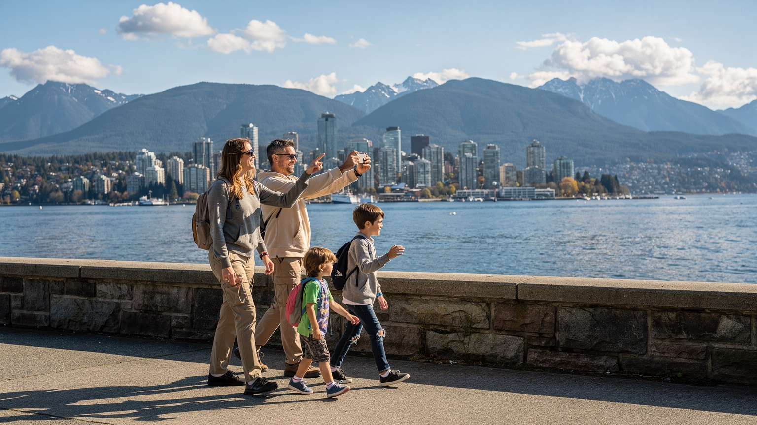 A family of four, two adults and two children, walking along the scenic seawall in Stanley Park, Vancouver, with mountains and the city skyline in the background, one adult is taking a photo with their phone.