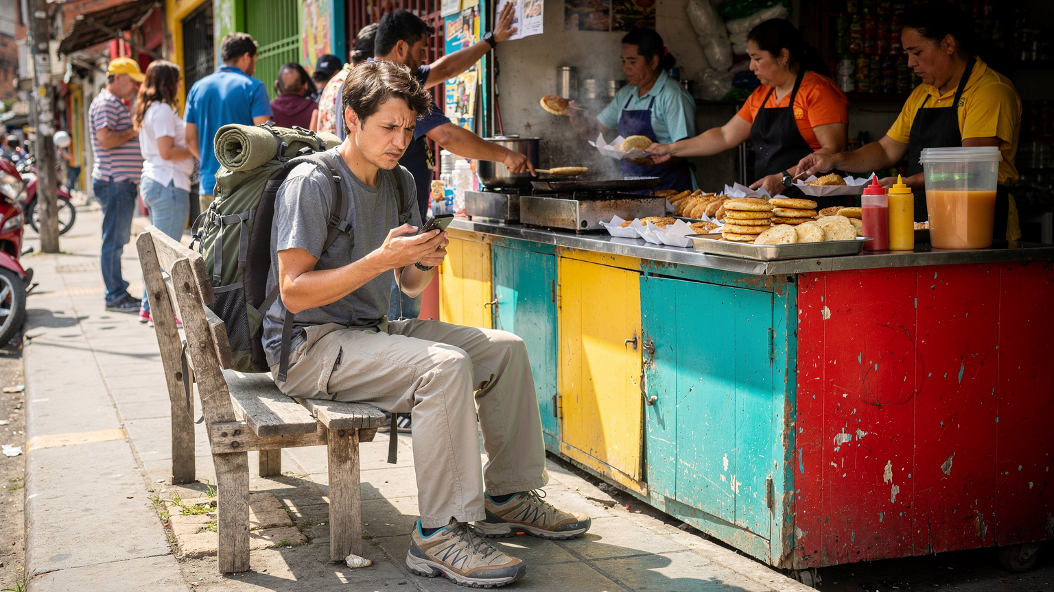 A traveler, looking slightly frustrated, sits on a bench outside a vibrant street food stall in Medellín, trying to troubleshoot their phone while local vendors prepare arepas and empanadas in the background.